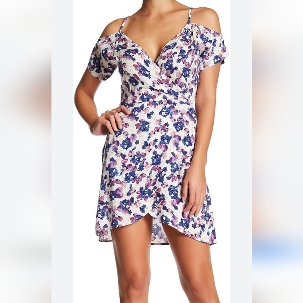 Angie purple and white floral cold shoulder wrap dress size M